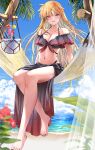  1girl barefoot beach bikini black_bikini black_sarong blonde_hair breasts cleavage collarbone commentary_request day drink fate_testarossa hammock highres large_breasts long_hair looking_at_viewer lyrical_nanoha mahou_shoujo_lyrical_nanoha_strikers navel ocean on_hammock open_mouth outdoors red_eyes sarong sitting solo sougetsu_izuki swimsuit teeth thighs tropical_drink upper_teeth_only very_long_hair water 