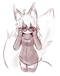  absurd_res animal_humanoid big_tail blush breasts canine clothed clothing eyewear female fox fox_humanoid frown fully_clothed glasses hi_res humanoid hybrid inner_ear_fluff legwear looking_at_viewer mammal monochrome simple_background sketch slit_pupils small_breasts solo standing sub-res sweater thigh_highs white_background 