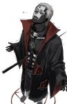  1boy akatsuki_uniform black_pants black_skin coat colored_skin forehead_protector full_body grey_hair heart hidan_(naruto) highres jewelry male_focus naruto_(series) naruto_shippuuden necklace nose open_clothes open_coat open_mouth pants ring short_hair simple_background solo sso_s stab standing sword toeless_legwear weapon white_background yugakure_symbol 
