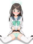  1girl absurdres airi_(blue_archive) aqua_bow aqua_eyes aqua_halo aqua_panties black_shoes blue_archive blue_sailor_collar blush bow bow_panties brown_hair closed_mouth clothes_lift commentary_request crotch_seam dot_nose embarrassed food-themed_hair_ornament full_body hair_ornament halo highres ice_cream_hair_ornament large_bow lifting_own_clothes long_hair long_sleeves nose_blush panties pleated_skirt raised_inner_eyebrows sailor_collar school_uniform serafuku shirt shoes simple_background skirt skirt_lift solo straight-on straight_hair striped_clothes striped_panties thighhighs two-sided_fabric two-sided_skirt underwear white_background white_serafuku white_shirt white_skirt white_thighhighs xabier_(xa_alonso14) 