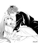  !? 1boy 1girl bed_sheet black_jacket black_pants black_roots blush breasts closed_mouth commentary_request couple dress fern_(sousou_no_frieren) greyscale hair_between_eyes hand_on_another's_cheek hand_on_another's_face hetero highres holding_another's_wrist jacket long_dress long_hair looking_at_another medium_breasts monochrome nanahachi_77889 pants parted_lips short_hair sidelocks sleeves_rolled_up sousou_no_frieren stark_(sousou_no_frieren) straight_hair twitter_username white_background white_dress 