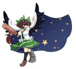  1girl arm_cannon black_eyes black_socks black_wings blush bow breasts brown_hair brown_shoes chest_eye closed_mouth collared_shirt control_rod_(touhou) feathered_wings frilled_shirt frills full_body green_bow green_skirt hair_bow large_breasts loafers long_hair looking_back muuei navel pointing pointing_up print_cape puffy_short_sleeves puffy_sleeves reiuji_utsuho shirt shoes short_sleeves simple_background skirt smile socks solo starry_sky_print touhou touhou_hisoutensoku v-shaped_eyebrows weapon white_background white_shirt wings 
