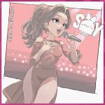  1girl artist_logo bare_legs border breasts brown_hair cleavage_cutout clothing_cutout commentary commentary_request cowboy_shot detached_sleeves dress earrings english_commentary eyeshadow fingernails gold_earrings hand_on_own_chest holding holding_microphone_stand jewelry lipstick logo long_fingernails makeup mario_(series) medium_breasts microphone_stand mixed-language_commentary patreon_username pauline_(nintendo) pink_border pinky_out ponytail purple_eyeshadow red_dress red_lips red_sleeves solo soy-chan watermark 
