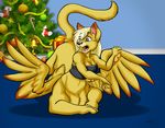  2016 anthro blonde_hair blue_eyes breasts chakat christmas christmas_tree clothed clothing feathered_wings feathers feline hair holidays intersex mammal open_mouth shawnthegirl solo taur transformation tree tube_top wings 