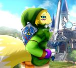  anthro black_sclera blue_eyes canine clothing crossover digimon duo fairy female fox fur hat hylian_shield link mammal master_sword melee_weapon navi nintendo ocarina_of_time outside renamon shield standing sword the_legend_of_zelda tuft tunic unknown_artist video_games weapon wings yellow_fur 
