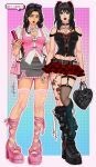  2girls absurdres alternate_costume artist_name bag bare_shoulders belt belt_bow belt_buckle black_bag black_belt black_boots black_corset black_hair black_leg_warmers black_nails black_panties black_thighhighs boots border breasts brown_hair buckle cellphone choker cleavage_cutout clothing_cutout collared_shirt contemporary corset earrings english_text eren_yeager eyeshadow eyewear_on_head fingernails flip_phone flower_tattoo full_body furrowed_brow garter_straps genderswap genderswap_(mtf) gradient_background green_eyes grey_eyes grey_eyeshadow grey_skirt hair_ornament hair_scrunchie hastiem heart-shaped_bag heart_cutout highres holding holding_phone jewelry leg_ribbon leg_tattoo leg_warmers long_fingernails long_hair looking_at_viewer makeup medium_breasts medium_hair midriff midriff_peek mikasa_ackerman miniskirt multiple_girls multiple_necklaces nail_polish navel_piercing necklace open_mouth panties parted_bangs parted_lips phone piercing pink_bag pink_border pink_nails pink_ribbon pink_shoes pink_vest plaid_clothes plaid_skirt puffy_short_sleeves puffy_sleeves red_lips red_scrunchie red_skirt ribbon ring scrunchie see-through_clothes see-through_thighhighs sharp_fingernails shingeki_no_kyojin shingeki_no_school_castes shirt shoes short_sleeves side_slit single_thighhigh skindentation skirt smokey_eyeshadow sparkling_clothes speech_bubble standing studded_choker studs sunglasses tattoo thighhighs twintails underwear vest white_shirt yuri zettai_ryouiki 