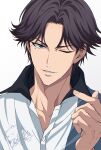  1boy absurdres atobe_keigo black_collar brown_hair collar commentary_request curtained_hair dated fingernails highres looking_at_viewer male_focus may_(illust_man_2020) mole mole_under_eye open_collar parted_lips shirt short_hair signature simple_background solo straight-on teeth tennis_no_ouji-sama white_background white_shirt 