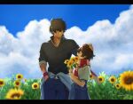  1boy 1girl :d ^_^ black_hair black_shirt blue_sky brother_and_sister brown_hair closed_eyes clothes_around_waist cloud commentary cowboy_shot crossed_bangs dark-skinned_male dark_skin day denim field flower flower_field grin hand_in_pocket happy headpat holding holding_flower honogurashi_no_niwa jacket jacket_around_waist jeans komako_(honogurashi) letterboxed looking_up minato_(robin) muscular muscular_male pants polo_shirt profile red_scarf scarf shiroji_(honogurashi) shirt short_hair short_sleeves siblings signature sky smile sunflower sunflower_field two-tone_scarf wristband 