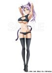  1girl animal_ears armpits arms_behind_head arms_up artist_request bell black_horns black_panties black_thighhighs breasts cat_ears cat_tail cleavage closed_mouth collar copyright_name copyright_notice fake_animal_ears fake_tail from_side full_body hands_up highres horns large_breasts long_hair looking_at_viewer merchandise_available navel neck_bell official_alternate_costume official_art oni panties ponytail purple_collar purple_eyes purple_hair purple_tail sample_watermark second-party_source shion_(tensura) simple_background single_horn smile solo standing tail taut_clothes tensei_shitara_slime_datta_ken thighhighs underboob underwear watermark white_background 