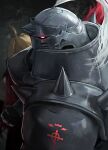  2boys absurdres ahoge alphonse_elric armor blonde_hair breastplate brothers clenched_hand coat commentary edward_elric english_commentary full_armor fullmetal_alchemist glowing glowing_eyes helm helmet highres horns looking_at_viewer male_focus mon_(icebuko) multiple_boys plume profile red_coat red_eyes shoulder_spikes siblings single_horn spikes 