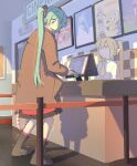  3girls absurdres akita_neru antenna_hair aqua_eyes aqua_hair banknote black_skirt brown_coat coat commentary commission despicable_me english_commentary hatsune_miku highres holding holding_money human_tower kasane_teto kasane_teto_(sv) long_hair long_sleeves machuuu68 minion_(despicable_me) minions_(movie) money movie_theater multiple_girls necktie open_mouth pleated_skirt second-party_source shadow shirt shiteyan'yo side_ponytail skirt stacking synthesizer_v trembling trench_coat triple_baka_(group) triple_baka_(vocaloid) twintails utau very_long_hair vocaloid white_shirt yellow_eyes yellow_necktie 