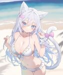  1girl animal_ear_fluff animal_ears beach bikini blue_eyes bow breasts cat_ears cat_girl cat_hair_ornament cat_tail cleavage closed_mouth commentary_request commission cowboy_shot day dot_nose double-parted_bangs frilled_bikini frills hair_between_eyes hair_intakes hair_ornament hairclip hand_up highres large_breasts long_hair navel ocean original outdoors pink_bow re_re_merry sand sidelocks single_wrist_cuff skeb_commission smile solo swimsuit tail tail_bow tail_ornament white_bikini white_hair wrist_cuffs 