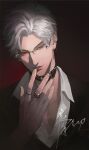  1boy aegyo_sal black_collar black_jacket chinese_commentary collar collared_shirt commentary_request earrings gem glasses highres jacket jewelry licking licking_finger love_and_deepspace male_focus multiple_earrings multiple_rings parted_bangs parted_lips pussy_juice pussy_juice_on_fingers red_background red_eyes red_gem ring shirt short_hair signature solo sylus_(love_and_deepspace) tongue tongue_out upper_body white_hair white_shirt yexion123 