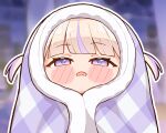  1girl blanket blonde_hair blunt_bangs blurry blurry_background blush_stickers commentary english_commentary highres hololive hololive_dev_is kukie-nyan multicolored_hair open_mouth outline purple_eyes purple_hair purple_streaks solo streaked_hair todoroki_hajime two_side_up under_covers virtual_youtuber white_outline wrapped_in_blanket 