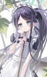  1girl absurdres apron aqua_halo aris_(blue_archive) aris_(maid)_(blue_archive) black_dress black_hair blue_archive blue_eyes blue_pupils blush ccczr chinese_commentary closed_mouth collared_dress commentary_request contrast_collar cowboy_shot dot_nose dress frilled_apron frills halo hand_up highres holding holding_mop kei_(orange_robot)_(blue_archive) leaf light_smile long_hair long_sidelocks looking_at_viewer maid maid_apron maid_headdress making-of_available mop official_alternate_costume official_alternate_hairstyle parted_bangs plant ponytail rectangular_halo short_sleeves sidelocks solo standing white_apron white_background white_headdress wristband 