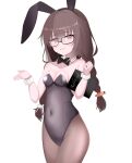  1girl alternate_costume animal_ear_hairband animal_ears bare_shoulders black-framed_eyewear black_bow black_bowtie black_leotard black_pantyhose blush bow bowtie braid breasts brown_hair carrot_hair_ornament chinoha_usagi cleavage collarbone commentary covered_navel cowboy_shot detached_collar embarrassed eyelashes eyes_visible_through_hair fake_animal_ears food-themed_hair_ornament glasses hair_between_eyes hair_ornament hairband hands_up highleg highleg_leotard highres holding holding_menu inaba_meguru leotard long_hair looking_at_viewer low_twintails menu official_alternate_hair_color official_alternate_hairstyle open_hand open_mouth pantyhose playboy_bunny rabbit_ear_hairband rabbit_ears rabbit_hair_ornament rectangular_eyewear red_eyes sanoba_witch sidelocks simple_background small_breasts solo strapless strapless_leotard sweatdrop twin_braids twintails very_long_hair white_background white_wrist_cuffs wrist_cuffs 