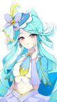  1girl absurdres aqua_hair aqua_nails back_bow blue_bow blue_bowtie blue_hat blue_necktie blue_sleeves bow bow_earrings bowtie bridal_gauntlets brooch butterfly_hat_ornament ccs92a05zxa commentary crop_top cure_eclair curled_ends detached_collar dot_nose drop_shadow earrings expressionless fascinator fingernails flipped_bangs gold_trim hand_on_own_face hand_up hat hat_ornament heart heart_brooch high_ponytail highres howa_kurea jewelry large_bow light_blush long_hair long_sidelocks looking_at_viewer magical_girl meitantei_precure! midriff mini_hat nail_polish navel necktie orange_eyes parted_bangs ponytail precure purple_bridal_gauntlets purple_skirt short_sleeves sidelocks sidelocks_tied_back simple_background skirt solo strapless tilted_headwear tube_top upper_body white_background white_tube_top 