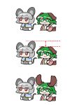  2girls :3 animal_ears blue_capelet bright_pupils broom capelet closed_mouth dog_ears dog_girl dog_tail dress green_eyes green_hair grey_hair grey_vest height_difference highres holding holding_broom kasodani_kyouko long_sleeves medium_hair mouse_ears mouse_girl mouse_tail multiple_girls nazrin pink_dress red_eyes shirt simple_background smile tail tanishi_0 touhou vest white_background white_pupils white_shirt 