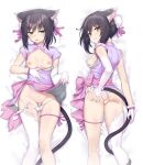  1girl animal_ear_fluff animal_ears ass ass_visible_through_thighs asymmetrical_clothes bed_sheet black_hair blank_censor bra bra_pull breasts breasts_out brown_eyes bun_cover cat_ears cat_tail censored chinese_clothes clothes_pull commentary_request commission dakimakura_(medium) doyagao dress elbow_gloves framed_breasts from_above gloves hair_bun hair_ribbon jitome leg_ribbon looking_at_viewer looking_back lying medium_breasts minutachi multiple_views nipples on_back on_stomach panties panty_pull purple_ribbon pussy qipao ribbon shaomei_rin shining_(series) shining_hearts short_hair single_elbow_glove single_thighhigh skeb_commission smile smirk smug solo tail tail_through_clothes thigh_gap thigh_ribbon thighhighs tongue tongue_out underwear white_gloves 