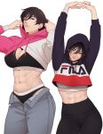  1girl abs adjusting_hood alternate_costume bandaged_wrist bandages black_bra black_hair black_hoodie black_leggings black_panties black_pants bra breasts cleavage cowboy_shot cropped_hoodie fila grey_eyes grey_pants hair_between_eyes hands_up hanpetos hood hood_up hoodie large_breasts leggings midriff mikasa_ackerman multiple_views muscular muscular_female navel open_fly own_hands_together panties pants parted_lips pink_hoodie scar scar_on_cheek scar_on_face shingeki_no_kyojin short_hair solo stretching two-tone_hoodie underwear white_background white_bra white_hoodie 