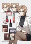  1girl ^_^ absurdres aqua_eyes black_pantyhose black_skirt black_sweater bottle brown_hair closed_eyes commentary cosmetics crossed_legs curtained_hair english_commentary fbi fbi_badge feet_out_of_frame glasses highres id_card jacket jewelry jodie_starling kuga_huna lapels lipstick lipstick_tube looking_at_viewer makeup makeup_palette meitantei_conan multiple_expressions multiple_views nail_polish_bottle necklace notched_lapels note notebook pantyhose parted_bangs pen perfume_(cosmetics) perfume_bottle red_lips short_hair skirt sticky_note sweater watch white_jacket wristwatch 