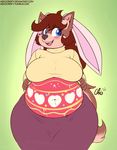  anthro belly big_belly big_breasts blue_eyes blush bodypaint breasts brown_fur brown_hair canine clothing costume dog easter fake_ears female fur hair holidays invalid_tag mammal mary_blissany navel nekocrispy overweight skirt smile sweater wide_hips 