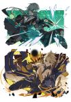  2boys absurdres aiming aiming_at_viewer anaxa_(honkai:_star_rail) armor asymmetrical_wings black_bridal_gauntlets black_capelet black_coat black_corset black_pants blonde_hair blue_cape body_markings border bridal_gauntlets broken_glass brown_background cape capelet chain closed_mouth coat corset cowboy_shot cracked_skin crystal_earrings earrings english_commentary eyepatch fire floating_clothes floating_hair gauntlets gem glass gold_chain gold_ring gold_trim gradient_background greco-roman_clothes green_background green_eyes green_hair gun hair_between_eyes hair_ornament hair_tubes hand_up handgun highres holding holding_gun holding_weapon honkai:_star_rail honkai_(series) jewelry lapels long_hair long_hair_between_eyes looking_at_viewer low_ponytail magic male_focus multiple_boys multiple_rings open_clothes open_coat orb outside_border pants papajay_(jennygin2) pauldrons phainon_(honkai:_star_rail) phainon_(khaslana)_(honkai:_star_rail) ponytail red_gem red_pupils ring shirt short_hair shoulder_armor simple_background single_earring single_gauntlet single_hair_tube single_pauldron sleeveless sleeveless_coat spread_legs standing standing_on_one_leg v-shaped_eyebrows waist_cape weapon white_border white_shirt wings yellow_eyes 