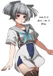  1girl aqua_neckerchief blue_one-piece_swimsuit brown_thighhighs character_name clothes_pull commentary_request cowboy_shot dated grey_eyes grey_hair grey_sailor_collar headgear highres i-36_(kancolle) kantai_collection neckerchief one-hour_drawing_challenge one-piece_swimsuit one-piece_swimsuit_pull sailor_collar sailor_shirt school_swimsuit shi_ba_1 shirt short_hair simple_background solo standing swimsuit thighhighs twintails twitter_username white_background white_shirt 