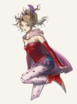  1girl ankle_boots blonde_hair boots breasts cape closed_mouth commentary_request cropped_legs detached_sleeves dress e_tan_e_epi_tas earrings final_fantasy final_fantasy_vi foot_out_of_frame gold_trim grey_background hair_bobbles hair_ornament hair_ribbon high_heel_boots high_heels high_ponytail highres jewelry long_hair medium_breasts pantyhose parted_bangs pink_cape ponytail print_pantyhose purple_eyes red_boots red_dress red_sleeves ribbon sash short_dress solo standing standing_on_one_leg strapless strapless_dress terra_branford tube_dress waist_sash white_pantyhose 