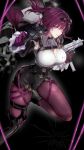  1girl aiming aiming_at_viewer black_background black_jacket black_shorts blood blood_on_clothes boots breasts cleavage cleavage_cutout clothing_cutout commentary dual_wielding eyewear_on_head gloves gun high-waist_shorts highres holding holding_gun holding_weapon honkai:_star_rail honkai_(series) jacket kafka_(honkai:_star_rail) large_breasts leg_up looking_at_viewer pantyhose ponytail purple_eyes purple_gloves purple_hair purple_pantyhose saint_laurent_paris shirt shorts single_thigh_boot smile solo thigh_boots thighs weapon white_shirt 
