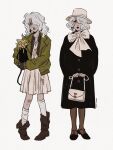  1girl asymmetrical_legwear bag black_boots black_coat black_lips black_shoes blood blood_on_clothes boots bouquet bow bow_earrings bowtie brown_pantyhose chell_min_says coat commentary deadlock_(game) dress earrings english_commentary expressionless graves_(deadlock) green_eyes green_jacket hair_down hair_over_one_eye handbag hat highres holding holding_bag holding_bouquet jacket jewelry large_bow lipstick makeup medium_hair necklace open_clothes open_jacket pantyhose parted_lips pearl_necklace scraped_knee shoes short_hair simple_background socks white_background white_bow white_bowtie white_dress white_hair white_hat white_socks 
