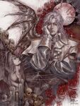  1boy absurdres ashejpeg black_coat blood blood_from_mouth candle chest_jewel closed_eyes coat demon_wings flower full_moon gem gloves grey_hair hair_between_eyes hand_on_own_face head_back highres long_hair love_and_deepspace male_focus moon multiple_views parted_bangs red_eyes red_flower red_gem red_rose rose shirt single_wing skull solo sylus_(love_and_deepspace) sylus_(silverwing_fiend)_(love_and_deepspace) topless_male upper_body white_gloves white_shirt wings 