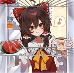  1girl :q absurdres ahoge ascot blush bow brown_eyes brown_hair character_name commentary_request detached_sleeves food frilled_bow frilled_hair_tubes frills fruit hair_bow hair_tubes hakurei_reimu highres long_hair musical_note red_bow red_skirt refrigerator refrigerator_interior ribbon-trimmed_sleeves ribbon_trim samon_(vxxr8575) skirt skirt_set solo spoken_musical_note tongue tongue_out touhou translation_request twitter_username watermelon watermelon_slice yellow_ascot 