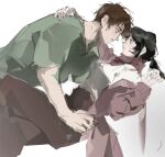  1boy 1girl arm_around_shoulder black_hair brown_hair brown_pants cardigan commentary couple eren_yeager green_shirt hand_on_another's_waist hetero long_hair mikasa_ackerman pants parted_lips pink_cardigan ponytail qioxu141843 red_scarf scarf shingeki_no_kyojin shirt short_hair sketch white_background white_shirt 