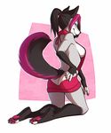  5_fingers amber_eyes anthro bare_back black_hair black_nose breasts canine dog female hair kneeling mammal side_boob smile solo spefides virgin_killer_sweater 