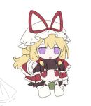  2girls blonde_hair bow brown_hair cup detached_sleeves dress frilled_bow frilled_hair_tubes frills hair_bow hair_tubes hakurei_reimu hat hat_ribbon holding holding_cup long_hair mob_cap multiple_girls open_mouth purple_eyes red_bow red_eyes red_ribbon ribbon simple_background smile touhou very_long_hair white_background white_dress white_hat yakumo_yukari yuji_tsukumo yunomi 