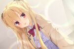 1girl :d arihara_nanami backlighting black_scrunchie blonde_hair blush bow bowtie breasts buttons cardigan cardigan_under_jacket collared_shirt commentary_request dutch_angle eyes_visible_through_hair from_below hair_between_eyes hair_ornament hair_scrunchie highres indoors jacket kikka_academy_school_uniform large_breasts leaning_forward lens_flare long_hair long_sleeves looking_at_viewer looking_down official_style open_clothes open_jacket open_mouth otoroku8271 pov purple_cardigan red_bow red_bowtie red_eyes riddle_joker school_uniform scrunchie shirt sidelocks smile solo two_side_up upper_body very_long_hair white_shirt yellow_jacket 
