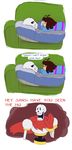  animated_skeleton bone clothed clothing comic dialogue hair human male mammal not_furry papyrus_(undertale) protagonist_(undertale) sans_(undertale) skeleton sofa tc-96 text undead undertale video_games 
