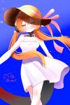  1girl absurdres almond_1zm bare_shoulders black_horns blue_sky blush breasts closed_mouth commentary_request cowboy_shot curled_horns dragon_girl dragon_horns dress green_eyes hair_between_eyes hat highres horns long_hair looking_at_viewer mechanical_horns mechanical_neck mechanical_tail official_alternate_costume orange_hair orange_pupils orphie_magnusson outdoors pointy_ears sky sleeveless sleeveless_dress smile solo sun_hat tail twintails white_dress zenless_zone_zero 