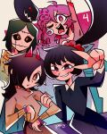  4girls absurdres akaiguarts arm_up artist_name black_hair black_sclera black_shirt blue_shorts blush border bow brain brown_eyes buttons chainsaw_man collared_shirt colored_sclera cosmo_(chainsaw_man) cuffs dangling_eye english_commentary exposed_brain expressive_hair futakuchi-onna green_hair hair_between_eyes hair_bow hair_ornament handcuffs heart heart-shaped_pupils high_ponytail highres holding_another's_arm horns long_(chainsaw_man) long_hair long_sleeves looking_at_viewer medium_hair multiple_girls multiple_scars open_mouth pingtsi_(chainsaw_man) pink_eyes pink_hair ponytail portrait prehensile_hair quanxi's_group_(chainsaw_man) red_bow red_horns scar shirt short_hair shorts smile stitched_face stitched_mouth stitches sweater symbol-shaped_pupils teeth tongue tongue_out tsugihagi_(chainsaw_man) turtleneck turtleneck_sweater v white_background white_border yellow_shirt 