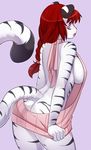  2017 anthro big_breasts black_fur braided_hair breasts butt clothed clothing feline female fur hair iwbitu long_hair looking_at_viewer looking_back mammal open_mouth purple_eyes red_hair side_boob skimpy solo stripes tiger virgin_killer_sweater white_fur white_tiger 