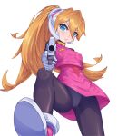  1girl absurdres aiming aiming_at_viewer blonde_hair blue_eyes breasts cameltoe ciel_(mega_man) commission commissioner_upload eyelashes from_below gloves gun helmet high_heels highres holding holding_gun holding_weapon kiauwrenn long_bangs long_hair looking_at_viewer mechanical_ears mega_man_(series) mega_man_zero_(series) non-web_source panties panties_under_bodysuit petite ponytail skirt small_breasts thighs transparent_background underwear weapon zipper_top 