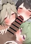  1boy 3girls alexandrina_sebastiane bar_censor black_hair censored commentary_request cooperative_fellatio corin_wickes ellen_joe fellatio green_hair grey_hair hetero highres maid maid_headdress multiple_girls oral penis purple_eyes red_eyes shiriko teamwork_(sexual) zenless_zone_zero 
