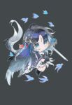  1girl bird black_hair blue_bird blue_eyes chibi chibi_only closed_mouth commentary_request grey_background hair_ornament highres holding holding_sword holding_weapon long_hair shigureszku simple_background smile solo sword tacet_mark_(wuthering_waves) weapon wuthering_waves yangyang_(wuthering_waves) yangyang_(xuanling)_(wuthering_waves) 