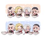  4boys amandasu black_eyes black_hair blonde_hair bowl braid chibi chopsticks coat colored_eyelashes corneal_scar dark-skinned_male dark_skin ear_piercing earrings eating food grey_eyes head_tattoo heterochromia highres holding holding_chopsticks jewelry kakuchou_(tokyo_revengers) kurokawa_izana long_sleeves madarame_shion male_focus medium_hair mochizuki_kanji multiple_boys noodles open_mouth piercing pork print_coat purple_eyes ramen red_coat red_eyes scar scar_on_chin scar_on_face scar_on_forehead shaved_head short_hair simple_background single_braid single_earring smile softboiled_egg thick_eyelashes tokyo_revengers twitter_username upper_body white_hair 