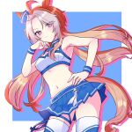  1girl ahoge animal_ears bare_shoulders blue_boots blue_choker blue_skirt blush boots breasts choker closed_mouth colored_bangs commentary_request crop_top dixie_cup_hat ear_covers ears_through_headwear frown hand_on_own_hip hat highres horse_ears horse_girl horse_tail long_hair looking_at_viewer medium_breasts midriff military_hat multicolored_hair navel orange_hair orfevre_(umamusume) pacific_racing_team purple_eyes race_queen shibamochi_(rain178straw) skirt solo sports_bra tail thigh_boots two-tone_hair umamusume white_hair white_sports_bra wristband 