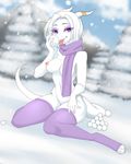  anthro birbseeds breasts clothed clothing dragon female kneeling legwear looking_at_viewer miiyori nipples outside scarf sha&#039;ra_(fariday) smile snow solo thigh_highs tongue tongue_out topless 