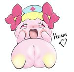  anthro blush cocotama female flower hat heart13 himitsu_no_cocotama hotnee_(cocotama) nurse nurse_hat open_mouth plant pussy saliva simple_background solo tongue 