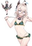  1girl absurdres adjusting_eyewear ahoge aqua_hair armpits ascot bikini blonde_hair braid breasts commentary cowboy_shot english_commentary enna_alouette enna_alouette_(fall_casual) frilled_bikini frills green_bikini head_wings highres holding holding_pointer lingerie low_twin_braids medium_hair multicolored_hair navel nijisanji nijisanji_en plaid_bikini plaid_clothes pointer purple_ascot purple_eyes reference_inset simple_background small_breasts solo streaked_hair swimsuit twin_braids underwear virtual_youtuber white_background wings yarashi_thought 