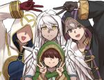  2boys 2others :d absurdres armor black_coat black_gloves brown_hair cloak coat commentary_request double_v embarrassed faceless fire_emblem fire_emblem:_fortune's_weave fire_emblem:_the_blazing_blade fire_emblem_awakening fire_emblem_heroes gloves green_cloak grey_eyes hair_over_eyes highres hood hood_over_eyes hood_up hooded_cloak hooded_coat in-franchise_crossover kiran_(fire_emblem) looking_at_viewer male_eshmel_(fire_emblem) male_robin_(fire_emblem) mark_(fire_emblem:_the_blazing_blade) multiple_boys multiple_others open_mouth red_gloves short_hair simple_background smile sweatdrop trait_connection v white_background white_coat white_gloves white_hair yellow_eyes zuzu_(ywpd8853) 